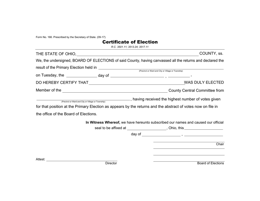 Form 166 Certificate of Election - County Central Committee - Ohio