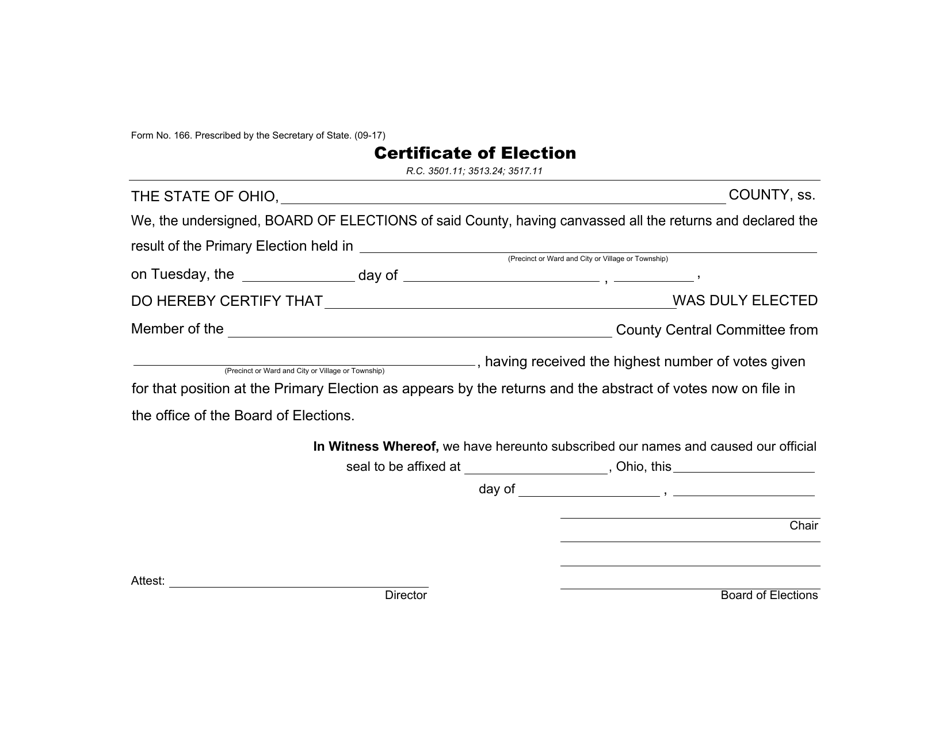 Form 166 Certificate of Election - County Central Committee - Ohio, Page 1