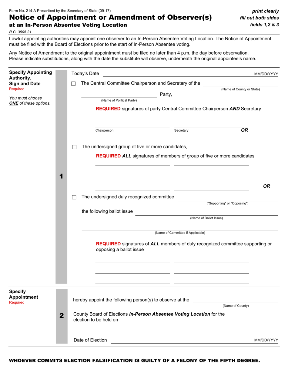 Form 214-A Notice of Appointment or Amendment of Observer(S) at an in-Person Absentee Voting Location - Ohio, Page 1