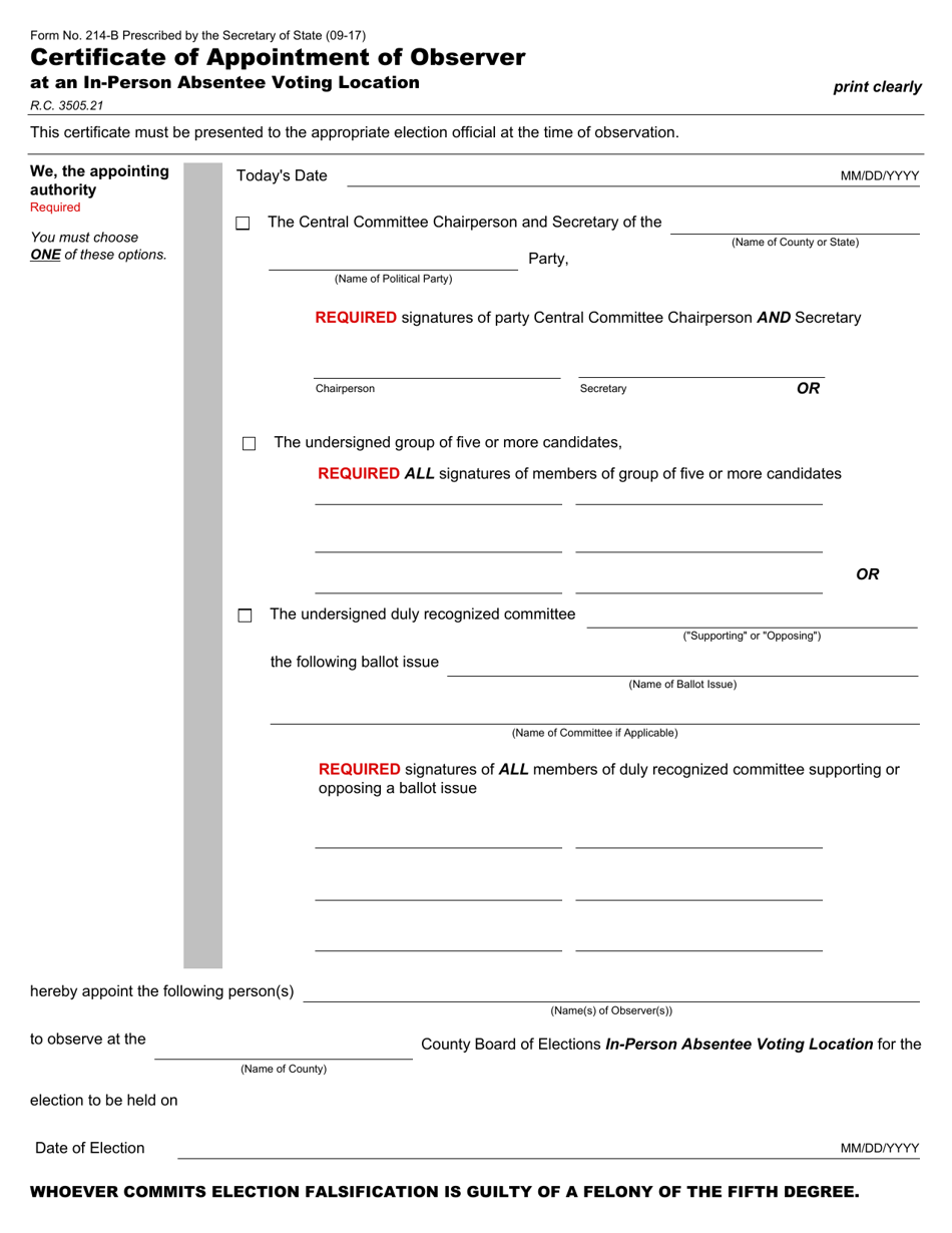 Form 214-B Certificate of Appointment of Observer at an in-Person Absentee Voting Location - Ohio, Page 1