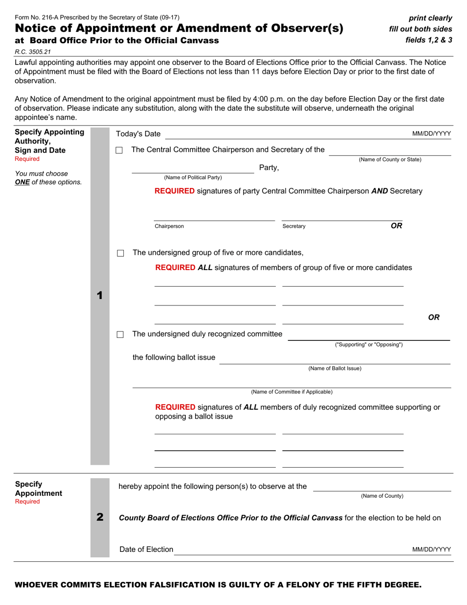 Form 216-A Notice of Appointment or Amendment of Observer(S) at Board Office Prior to the Official Canvass - Ohio, Page 1