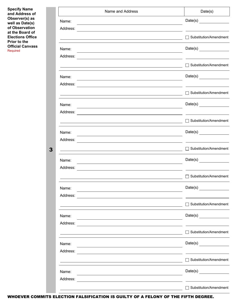 Form 216-A Notice of Appointment or Amendment of Observer(S) at Board Office Prior to the Official Canvass - Ohio, Page 2