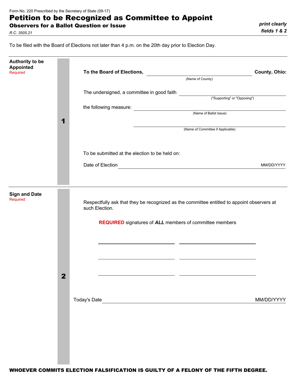 Form 220 Petition to Be Recognized as Committee to Appoint Observers for a Ballot Question or Issue - Ohio, Page 1