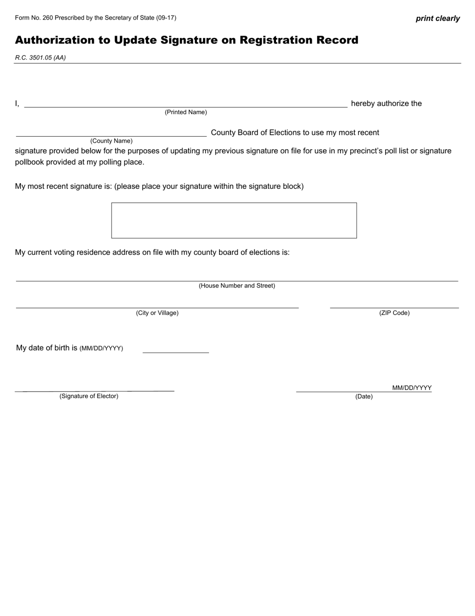 Form 260 Authorization to Update Signature on Registration Record - Ohio, Page 1