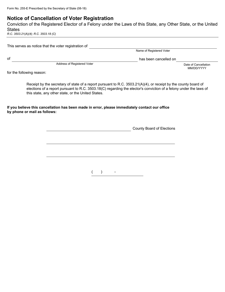 Form 255-E Notice of Cancellation of Voter Registration - Ohio, Page 1