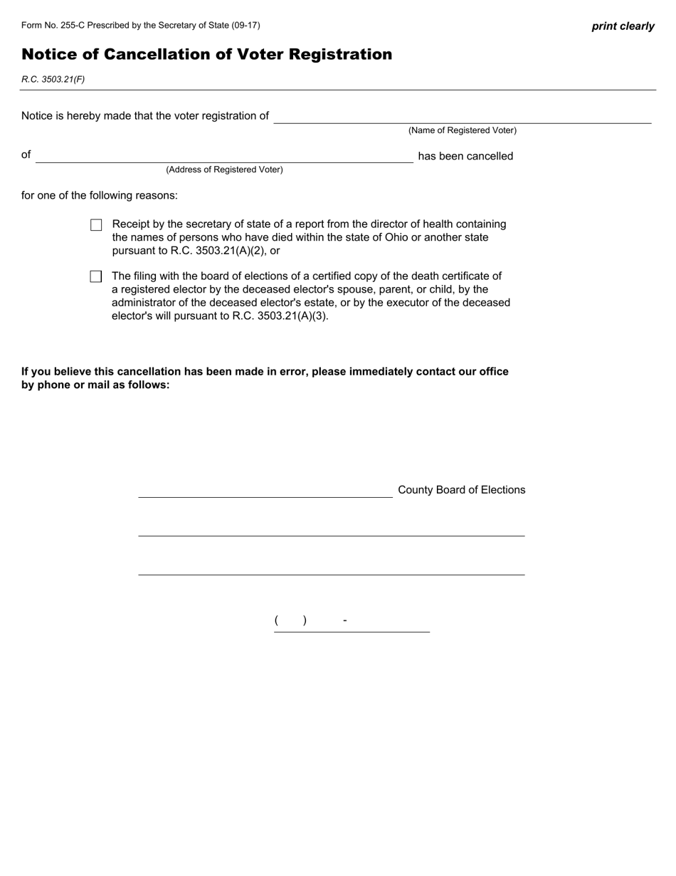 Form 255-C Notice of Cancellation of Voter Registration - Ohio, Page 1