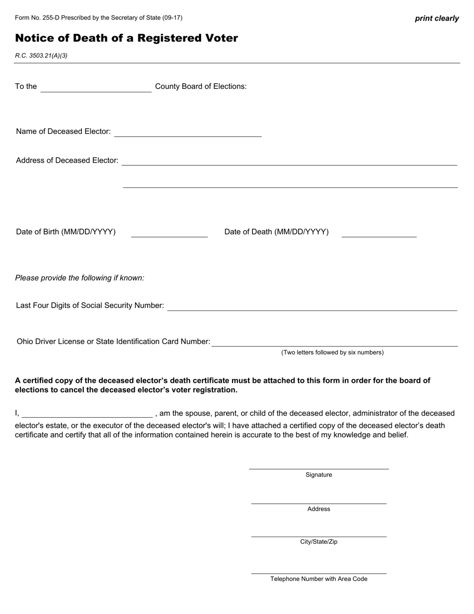Form 255-D Notice of Death of a Registered Voter - Ohio, Page 1