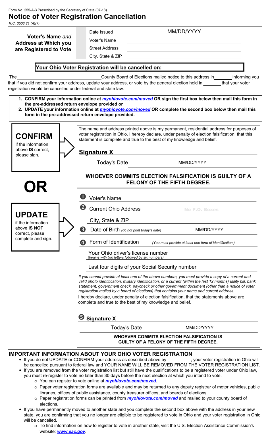 Form 255-A-3 Notice of Voter Registration Cancellation - Ohio, Page 1