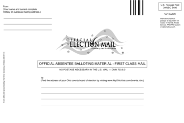 Document preview: Form 285 Official Absentee Balloting Material - First Class Mail - Ohio