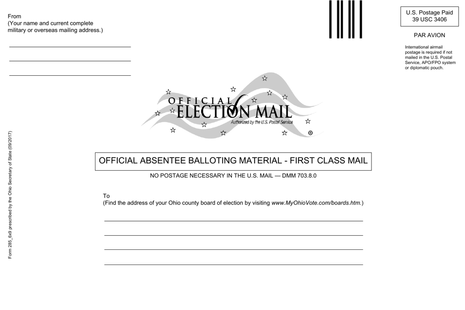 Form 285 Official Absentee Balloting Material - First Class Mail - Ohio, Page 1