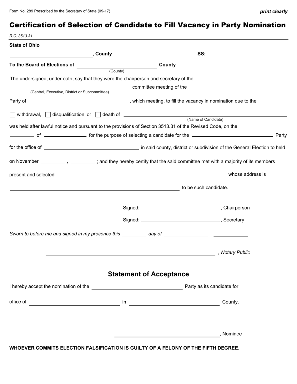 Form 289 Certification of Selection of Candidate to Fill Vacancy in Party Nomination - Ohio, Page 1