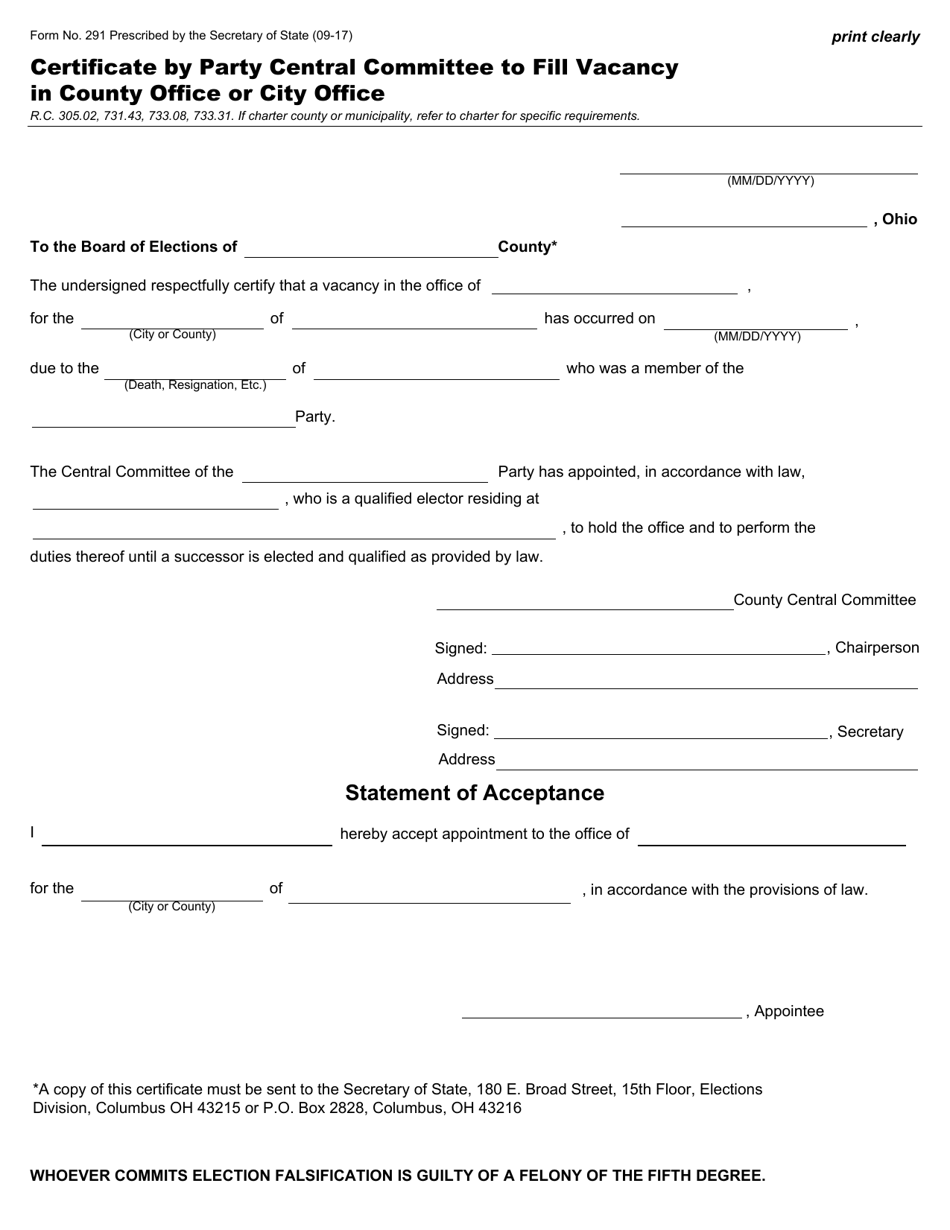 Form 291 Certificate by Party Central Committee to Fill Vacancy in County Office or City Office - Ohio, Page 1