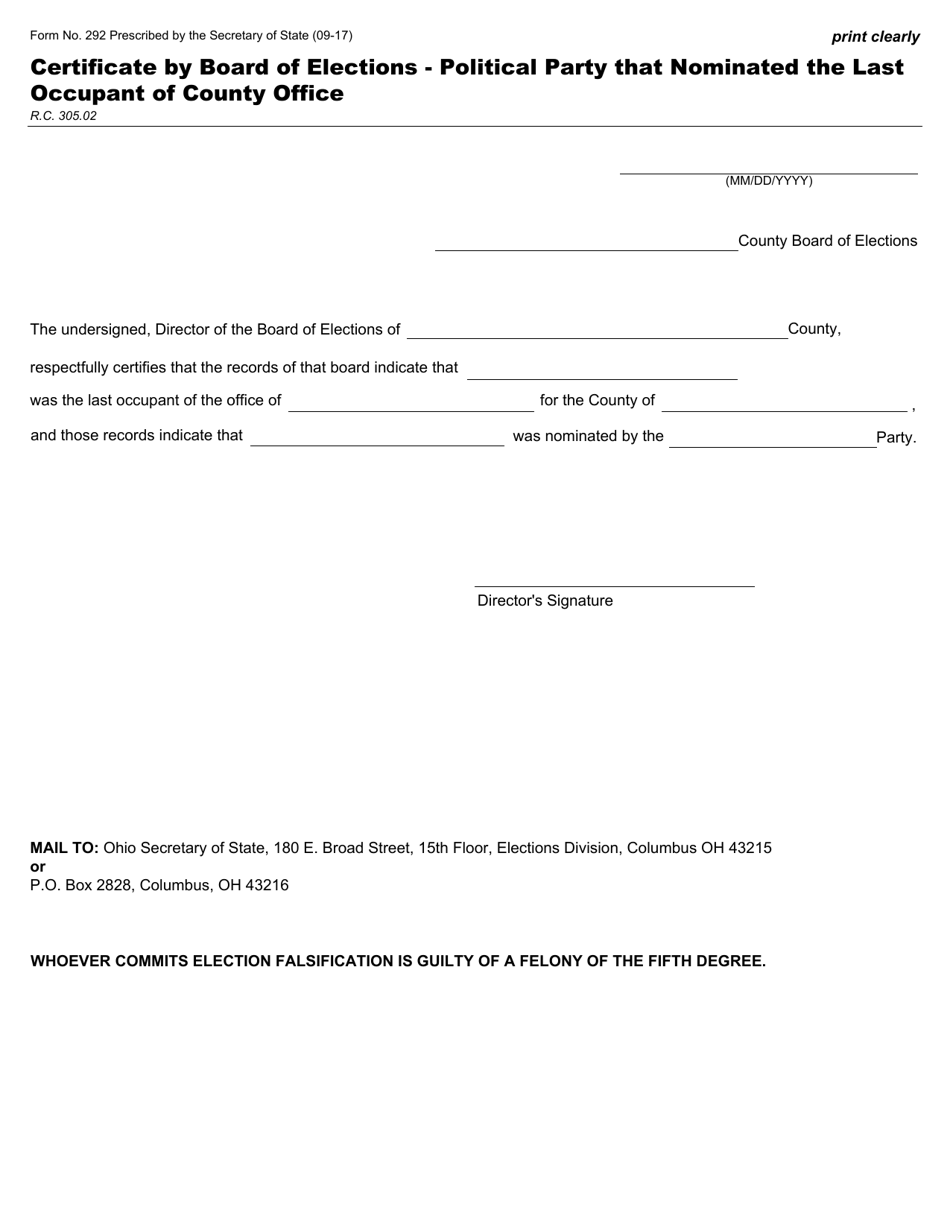 Form 292 Certificate by Board of Elections - Political Party That Nominated the Last Occupant of County Office - Ohio, Page 1