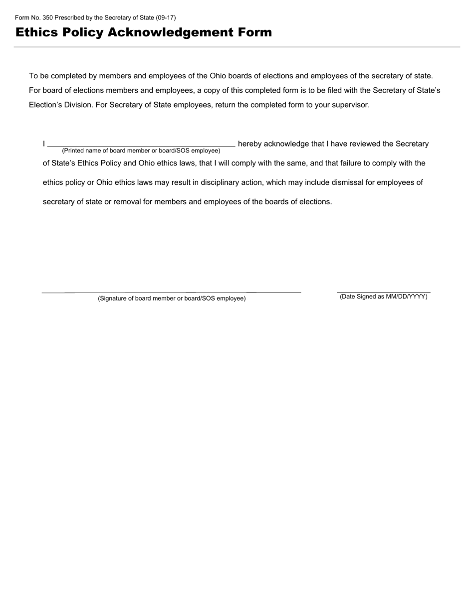 Form 350 Ethics Policy Acknowledgement Form - Ohio, Page 1