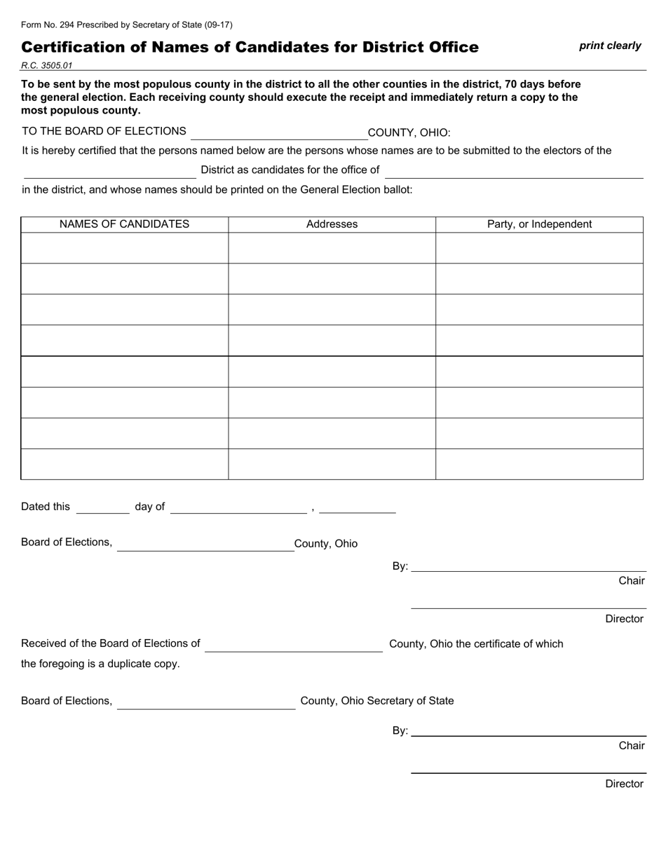 Form 294 Certification of Names of Candidates for District Office - Ohio, Page 1