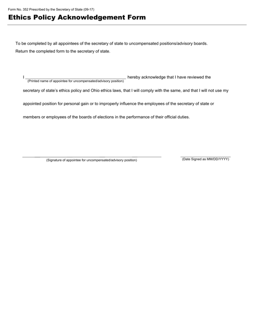 Form 352 Ethics Policy Acknowledgement Form - Ohio
