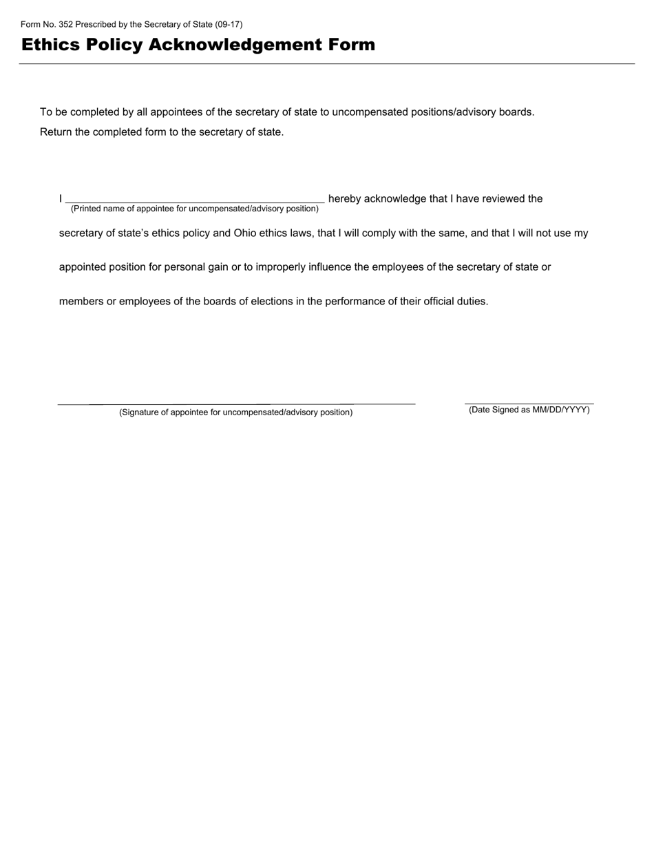 Form 352 Ethics Policy Acknowledgement Form - Ohio, Page 1