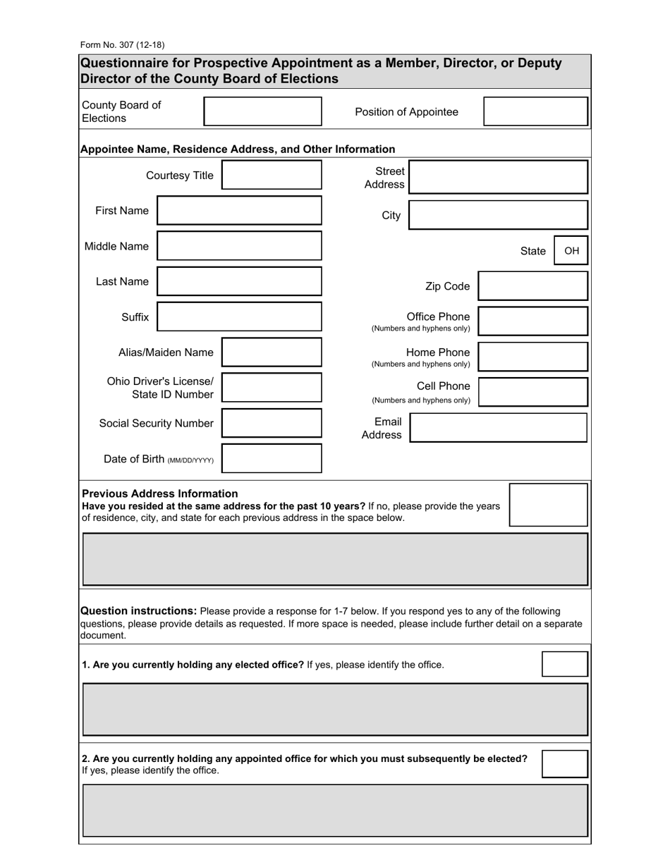 Form 307 Fill Out, Sign Online and Download Fillable PDF, Ohio