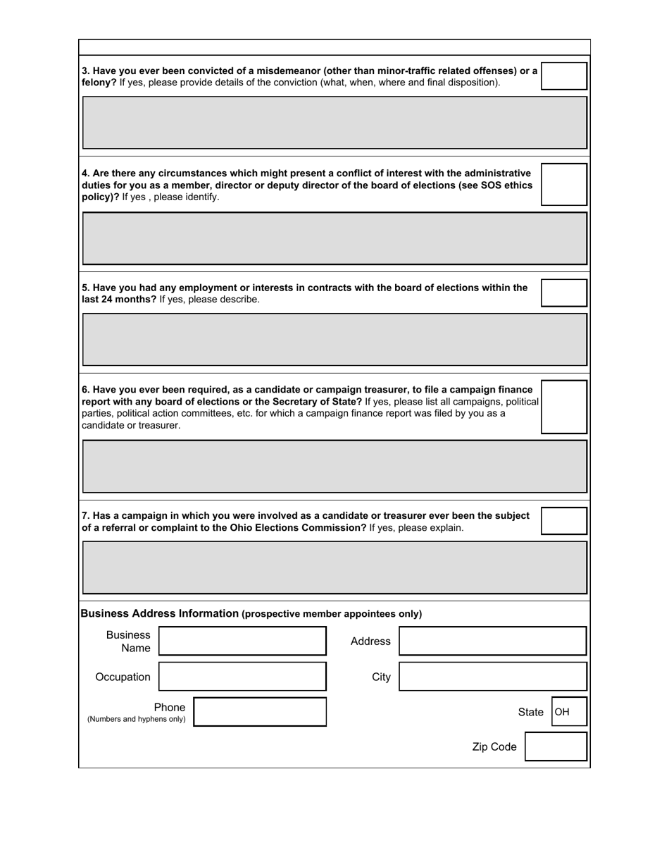 Form 307 Questionnaire for Prospective Appointment as a Member, Director, or Deputy Director of the County Board of Elections - Ohio, Page 2