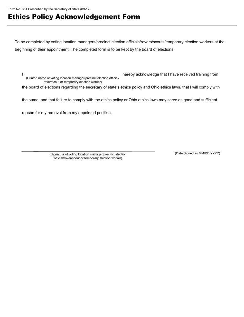 Form 351 Ethics Policy Acknowledgement Form - Ohio, Page 1