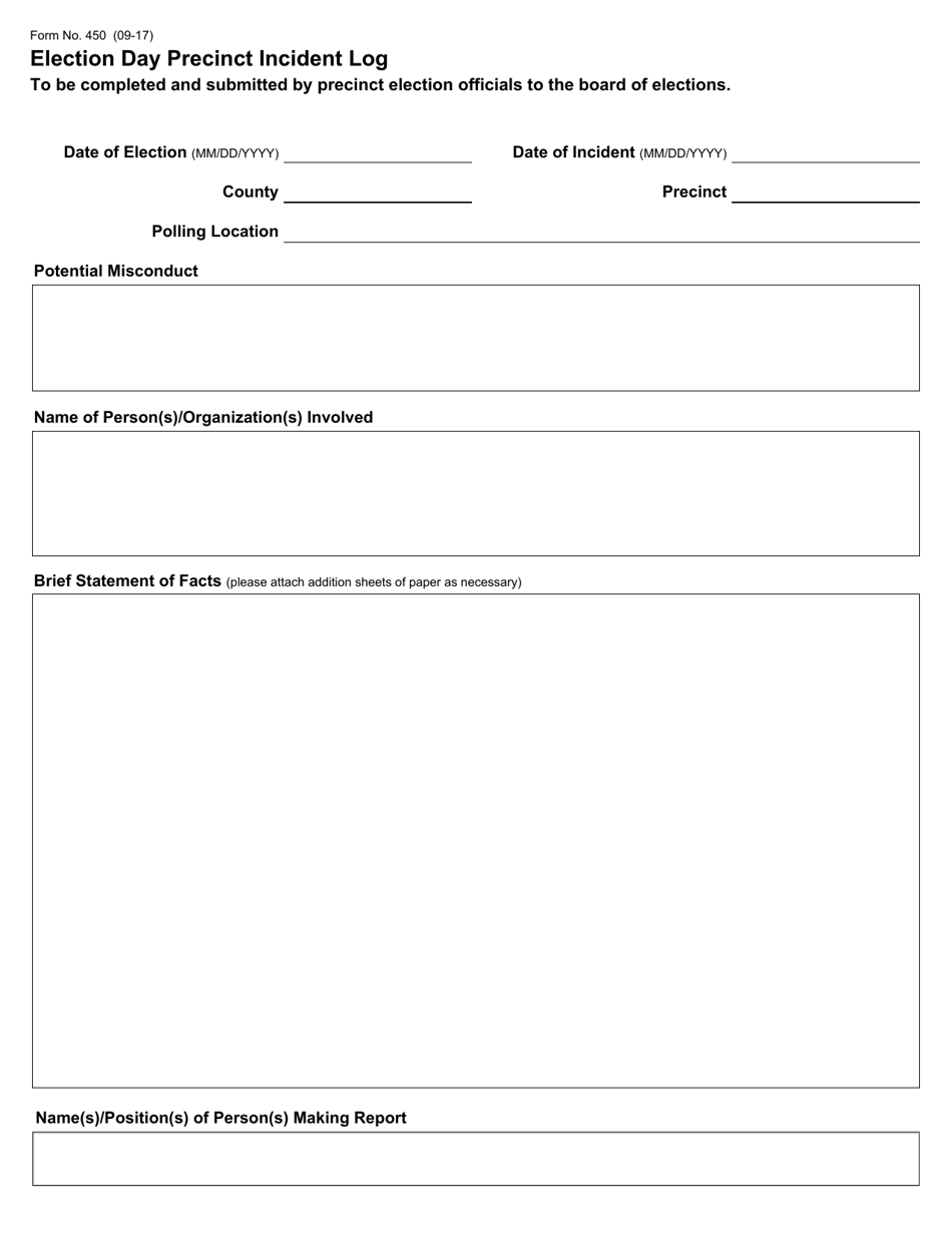 Form 450 Election Day Precinct Incident Log - Ohio, Page 1