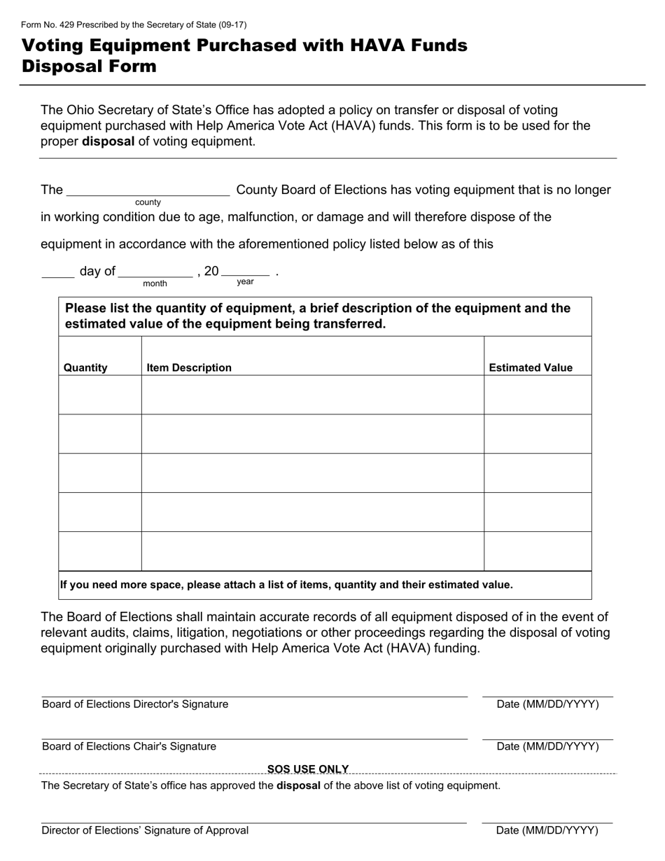 Form 429 Voting Equipment Purchased With Hava Funds Disposal Form - Ohio, Page 1