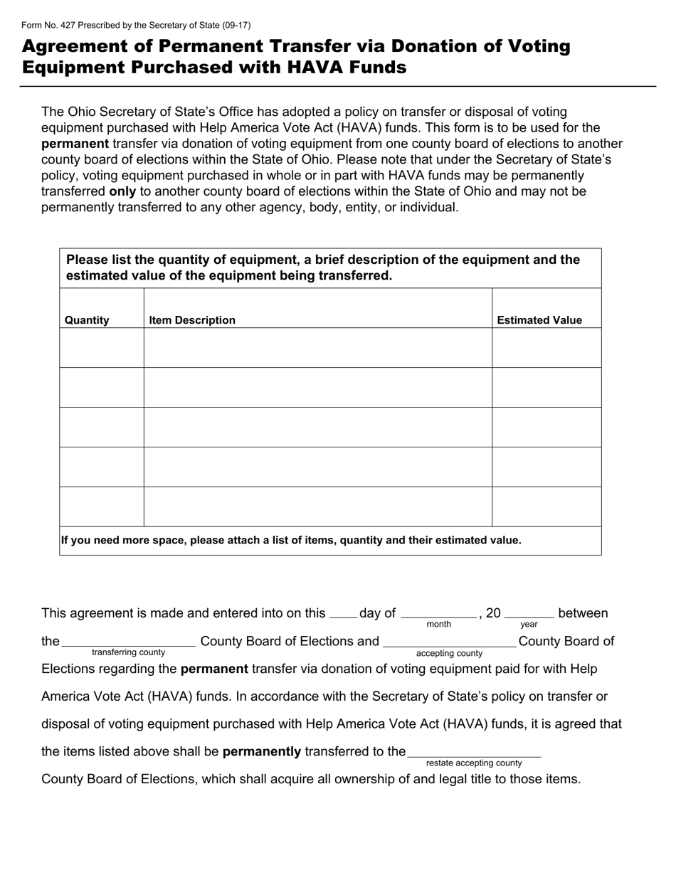 Form 427 Agreement of Permanent Transfer via Donation of Voting Equipment Purchased With Hava Funds - Ohio, Page 1