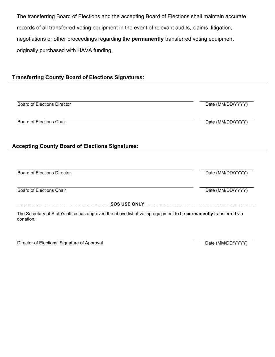 Form 427 Agreement of Permanent Transfer via Donation of Voting Equipment Purchased With Hava Funds - Ohio, Page 2