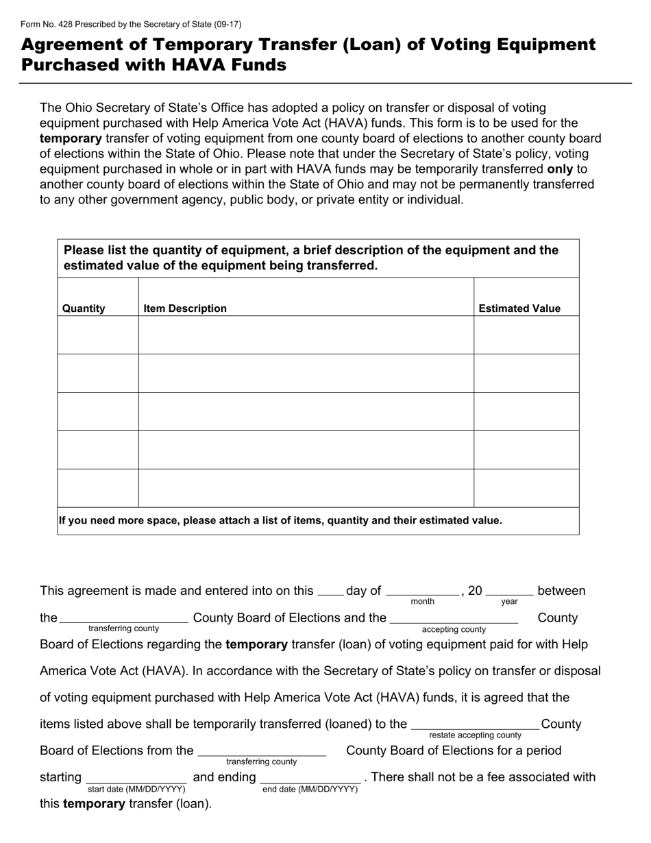 Form 428 Agreement of Temporary Transfer (Loan) of Voting Equipment Purchased With Hava Funds - Ohio, Page 1