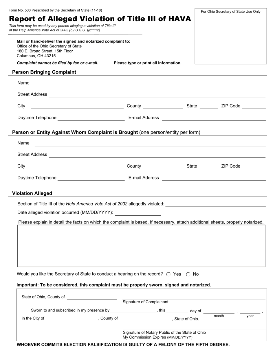 Form 500 Report of Alleged Violation of Title Iii of Hava - Ohio, Page 1