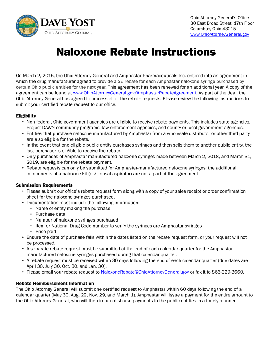Naloxone Rebate Request Form - Ohio, Page 1
