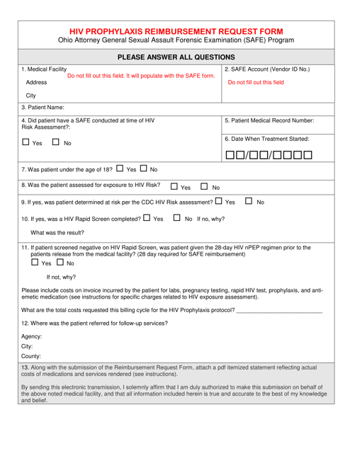 HIV Prophylaxis Reimbursement Request Form - Sexual Assault Forensic Examination (Safe) Program - Ohio Download Pdf