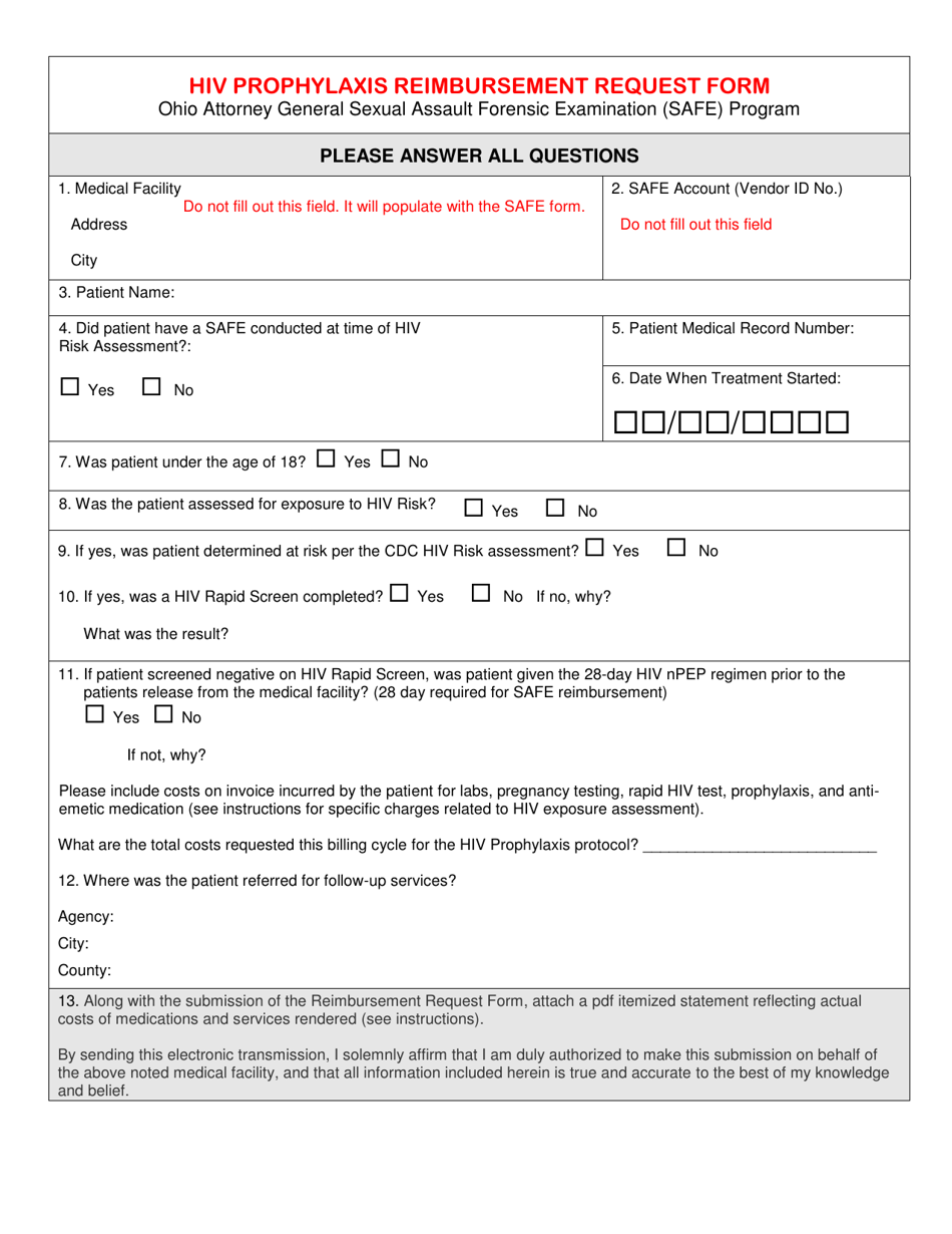 HIV Prophylaxis Reimbursement Request Form - Sexual Assault Forensic Examination (Safe) Program - Ohio, Page 1