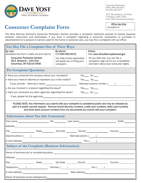 "Consumer Complaint Form" - Ohio Download Pdf