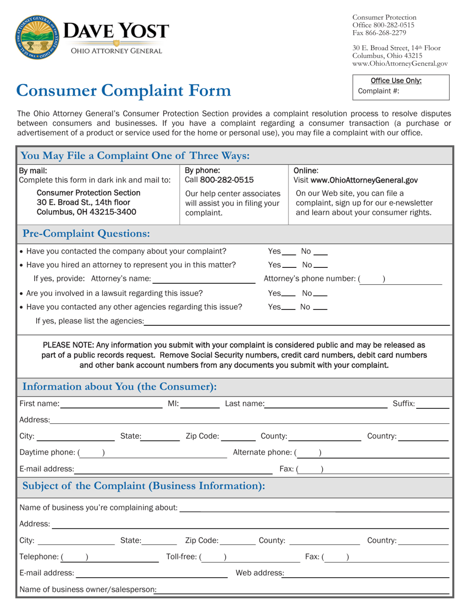 Consumer Complaint Form - Ohio, Page 1
