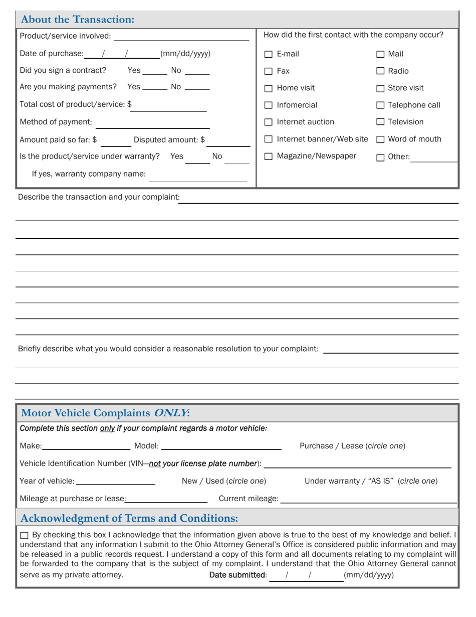 Ohio Consumer Complaint Form Fill Out Sign Online And Download PDF