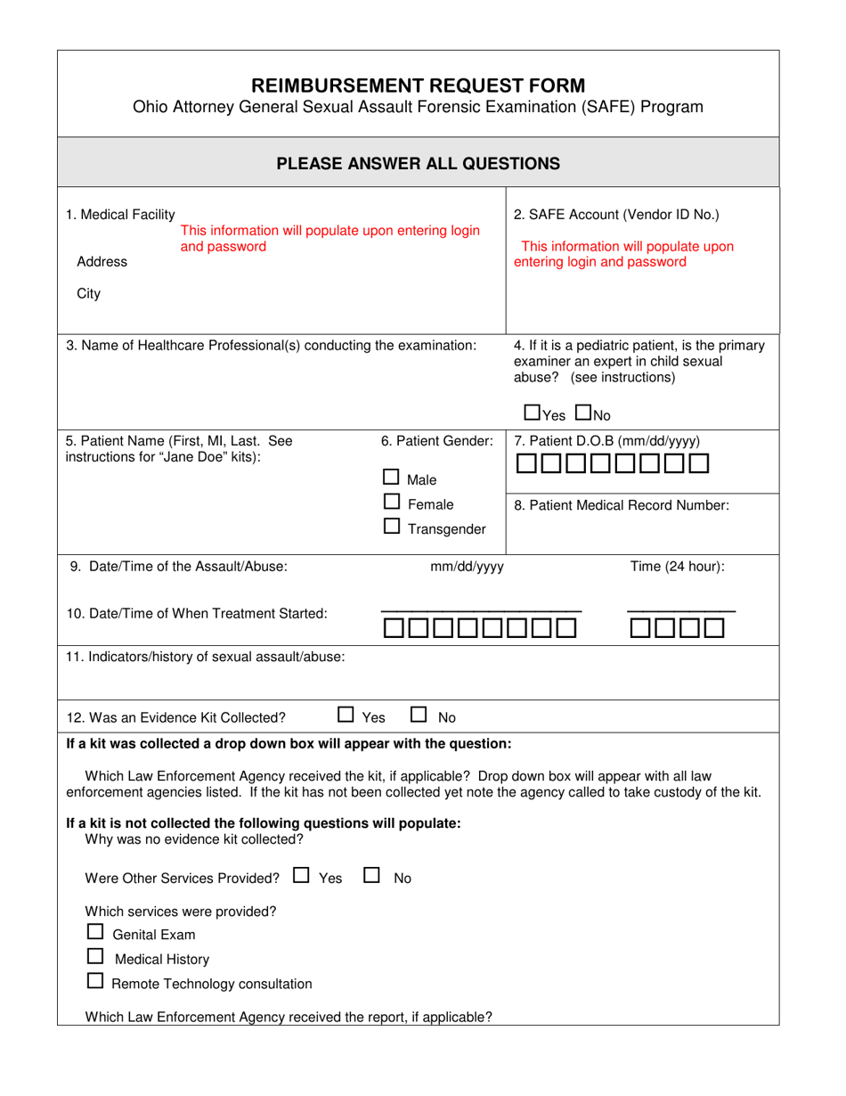 Reimbursement Request Form - Ohio Attorney General Sexual Assault Forensic Examination (Safe) Program - Ohio, Page 1