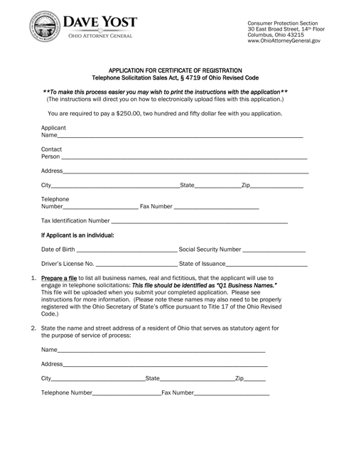 Application for Certificate of Registration - Ohio Download Pdf