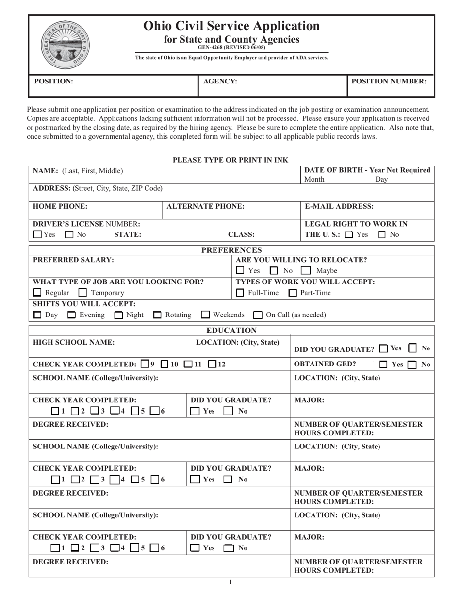 Form GEN-4268 Ohio Civil Service Application - Ohio, Page 1