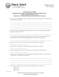 Document preview: Notification Form Proposed Release or Modification of Restriction Upon Institutional Fund Pursuant to Ohio Revised Code Section 1715.55(D) - Ohio