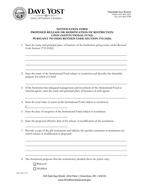 Notification Form Proposed Release or Modification of Restriction Upon Institutional Fund Pursuant to Ohio Revised Code Section 1715.55(D) - Ohio Download Pdf