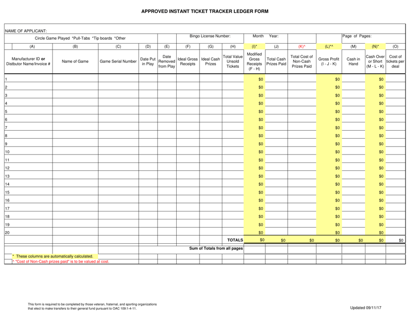 Approved Instant Ticket Tracker Ledger Form - Ohio Download Pdf