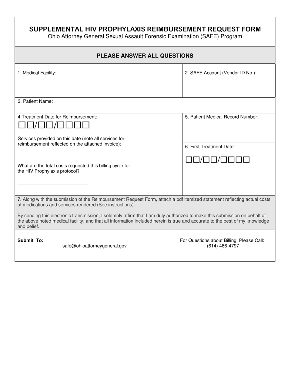 Supplemental HIV Prophylaxis Reimbursement Request Form - Ohio Attorney General Sexual Assault Forensic Examination (Safe) Program - Ohio, Page 1