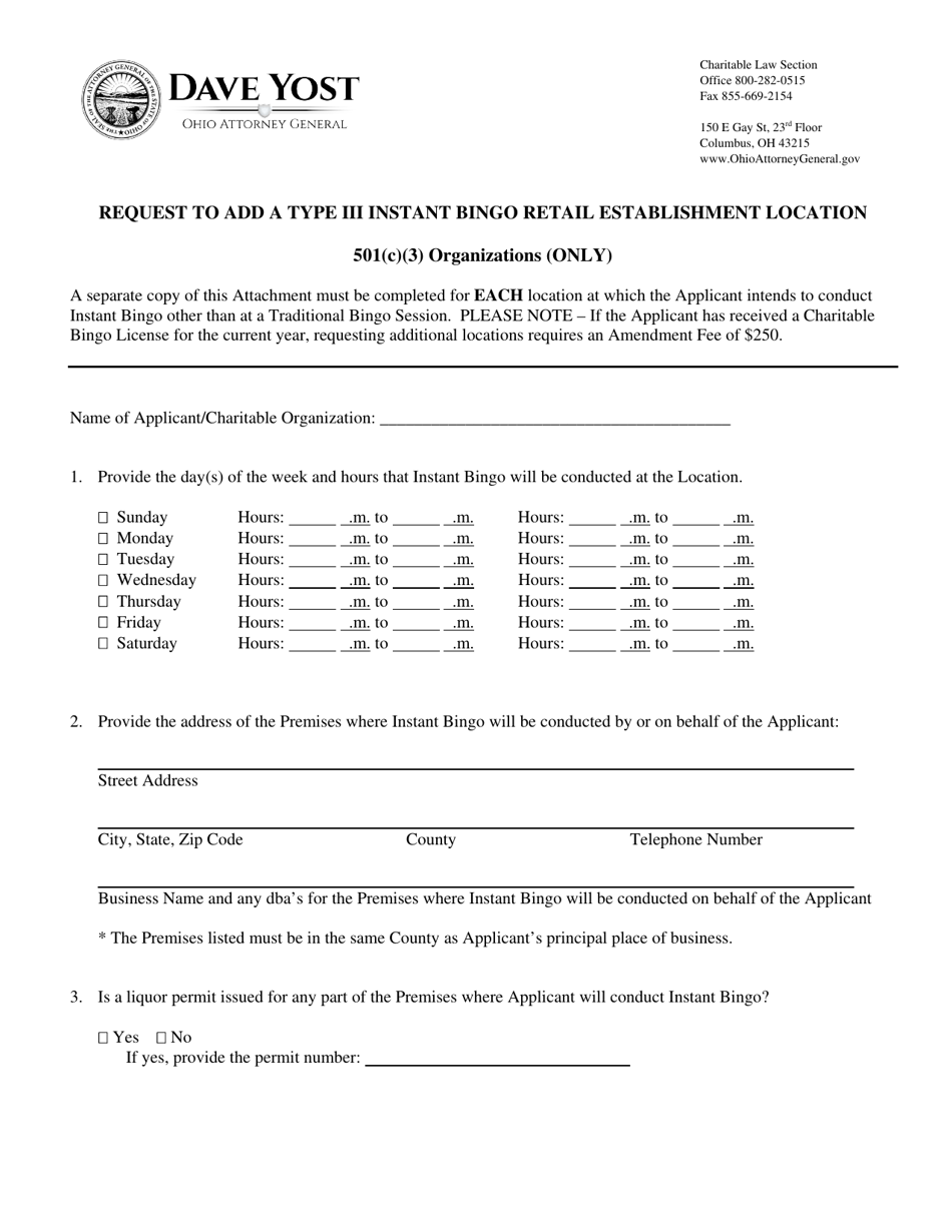 Request to Add a Type Iii Instant Bingo Retail Establishment Location - 501(C)(3) Organizations - Ohio, Page 1
