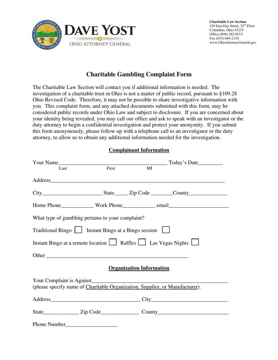 Charitable Gambling Complaint Form - Ohio, Page 1