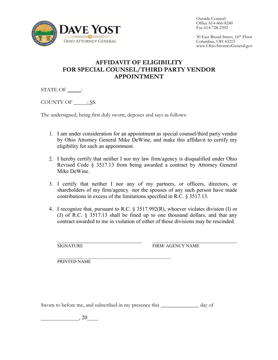 Affidavit of Eligibility for Special Counsel / Third Party Vendor Appointment - Ohio, Page 1