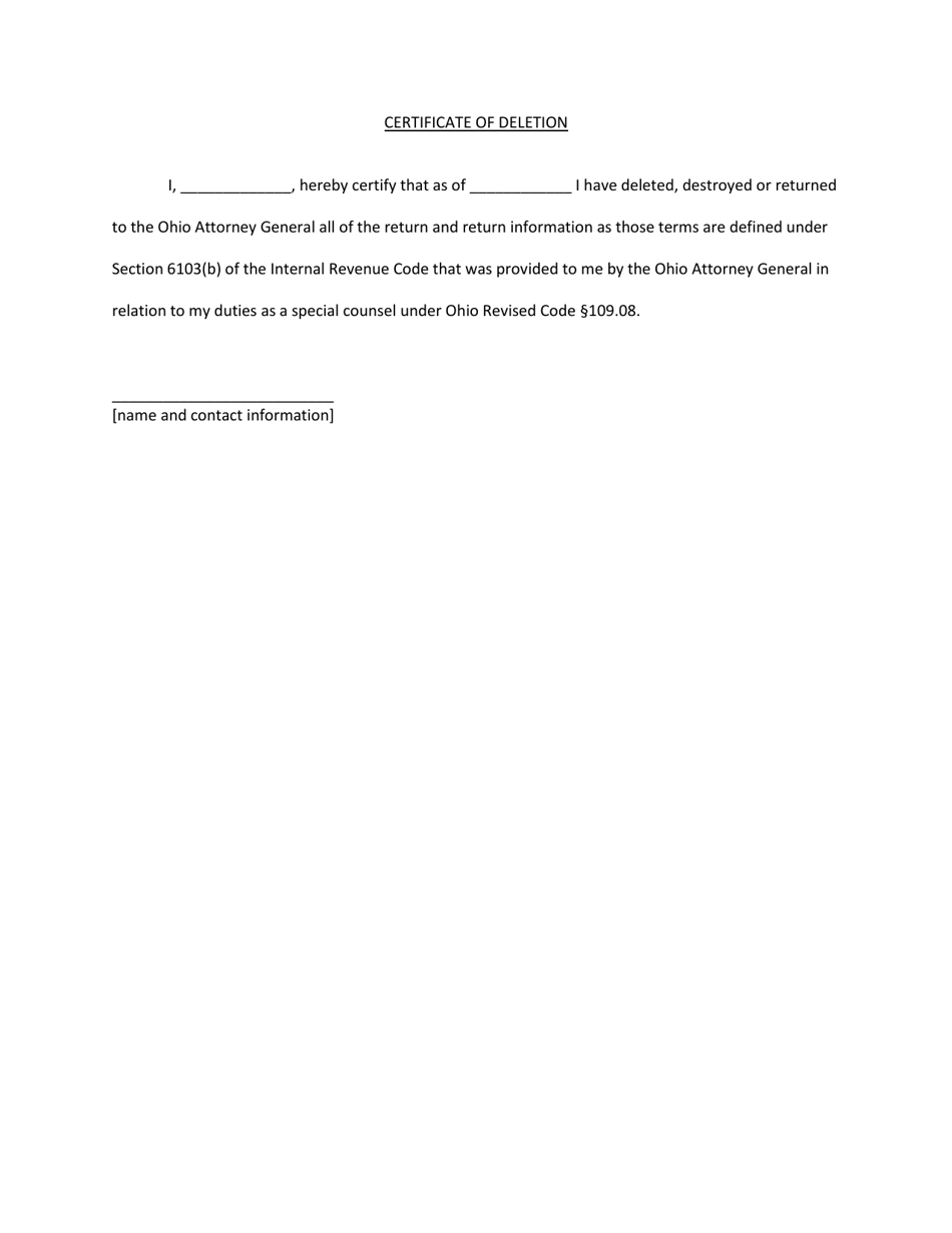 Certificate of Deletion - Ohio, Page 1