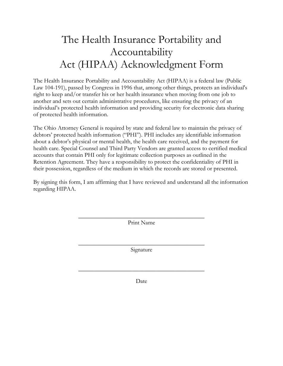 The Health Insurance Portability and Accountability Act (HIPAA) Acknowledgment Form - Ohio, Page 1