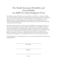 &quot;The Health Insurance Portability and Accountability Act (HIPAA) Acknowledgment Form&quot; - Ohio