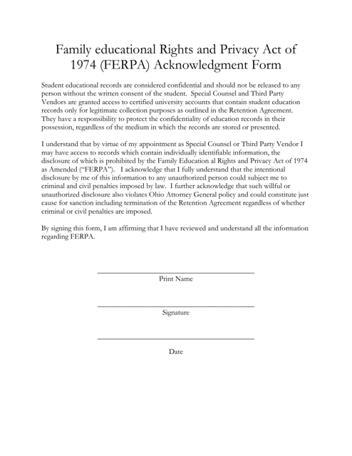 Family Educational Rights and Privacy Act of 1974 (Ferpa) Acknowledgment Form - Ohio